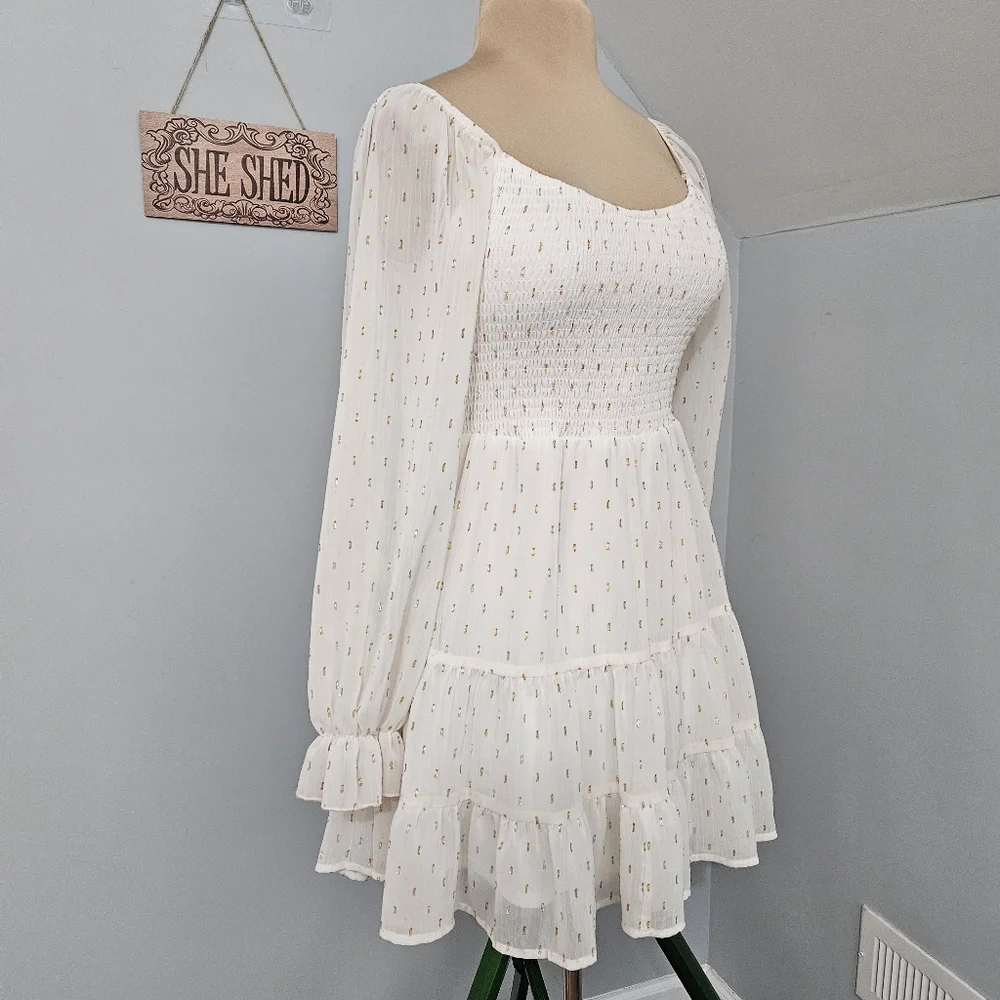 Altar’d State White Smocked Dress Gold Dot Tiered Size M Cottage Fairy Boho - Picture 3 of 14